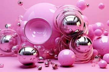 Abstract 3D circles. Metallic, glossy, bright, on lilac backdrop, perfect for contemporary art. Concept of modern style.