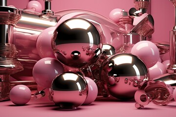 Futuristic metallic shapes. Spheres, torus, tubes, cones. Abstractly patterned, pink background. Concept of modern design.