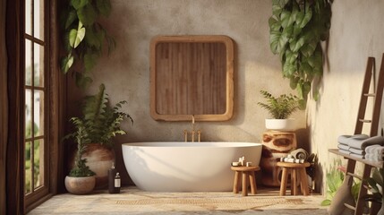 Fototapeta na wymiar Frame mockup in a rustic villa bathroom interior background.