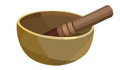 Tibetan singing bowl with wooden stick on it. Healing and meditation instrument. Yoga concept. Vector isolated illustration