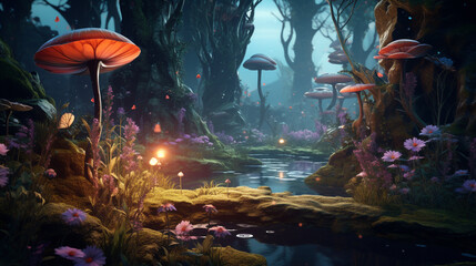 beautiful forest fantasy world with glowing insects trees