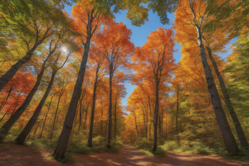 A serene outdoor scene of a sprawling forest canopy ablaze with Fall foliage