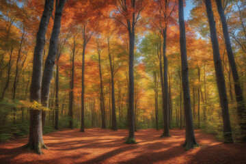 A serene outdoor scene of a sprawling forest canopy ablaze with Fall foliage