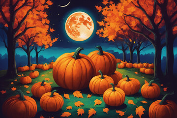 A whimsical scene where pumpkins come alive under a full moon night dancing amidst the fall leaves