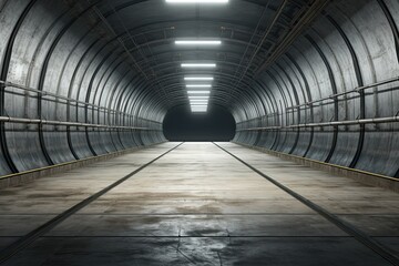 Shadowy underground hall with futuristic laser lights. Industrial science fiction concept.