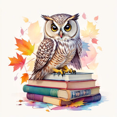 Illustration of an owl standing on books in watercolor style. Generative AI