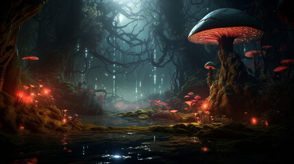 beautiful forest fantasy world with glowing insects trees