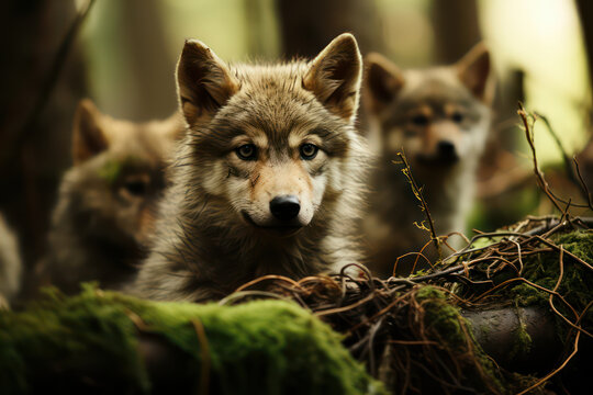Two wolf pups in the wildness