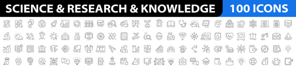 Science and research icon set. Knowledge. Biology, laboratory, experiment, scientist, research, physics, chemistry, academic subjects. Linear icon collection. Vector illustration
