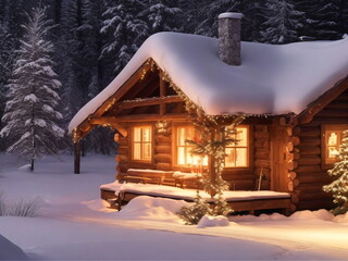 A colorful cozy house covered in snow, middle of the jungle, night, stars on the sky, magical lighting, winter season, Christmas, new year's eve.
