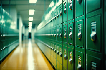 A row of green school lockers in a hallway. Back to School Concept - obrazy, fototapety, plakaty