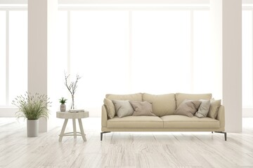 White scandinavian interior design with sofa. 3D illustration