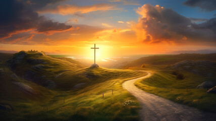 Faith's Journey - Winding Path Towards Radiant Cross Symbolizing Christian Faith Journey, AI Generated 8K.