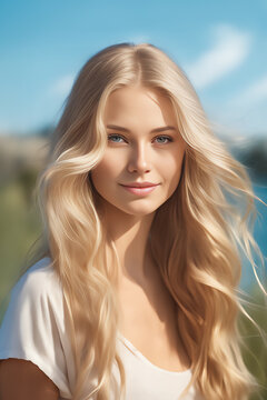 portrait of a beautiful blonde girl with fair skin and blue eyes on a summer background, natural makeup