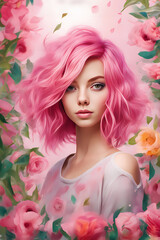 Obraz na płótnie Canvas beautiful girl with pink hair on a floral spring background, spring girl