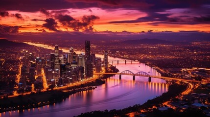 Naklejka premium Sunset Bridge over River Cityscape
