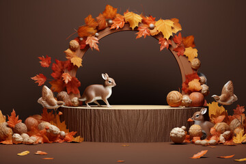3D podium products display background with autumn leaves,mushrooms,animal on the left with copy space.Minimal background for products presentation.Created with Generative AI technology