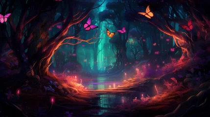 Foto op Aluminium beautiful forest fantasy world with glowing insects trees © Mrsabata