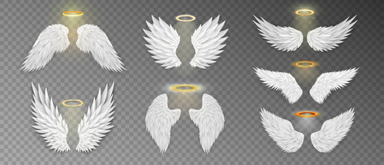 Collection of 7 three dimensional angel white wings and shiny nimbus. Masquerade, festival, carnival costumes. Realistic saint aureole (halo) and wings isolated on transparent background