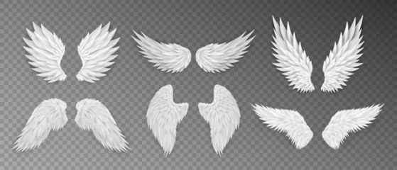Fotobehang Set of different realistic 3d white angel wings. Masquerade, festival, carnival costume. Cartoon bird wings isolated on transparent background. Freedom, spiritual concept. Vector illustrator EPS 10 © Qeeraw