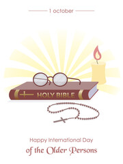 Happy seniors day greeting card, can be used for christian communities. Bible, rosary, candle, glasses. Full color flat style. Vector illustration.