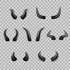 Set of three realistic three dimensional devil horns. Black glossy daemon horns isolated on transparent background. Satan decoration, Monster carnival element. Vector illustration EPS 10