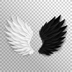 Obraz premium Two realistic half wings isolated on transparent background. 3D white angel wings and dark devil, daemon wings. Heaven and hell, good and evil concept. Festival, masquerade, carnival costume. 