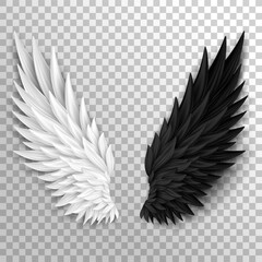 Obraz premium Two realistic half wings isolated on transparent background. 3D white angel wings and dark devil, daemon wings. Heaven and hell, good and evil concept. Festival, masquerade, carnival costume. 