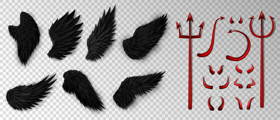 Big set of 3d realistic devil costume elements - red bloody trident, glossy horns, daemon tail and various three dimension devil black wings on transparent background