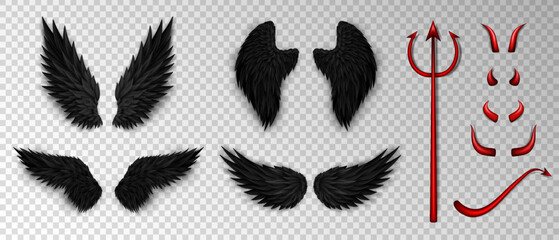 Collection of 3d realistic devil costume elements - red bloody trident, glossy horns, daemon tail and various devil black wings on transparent background