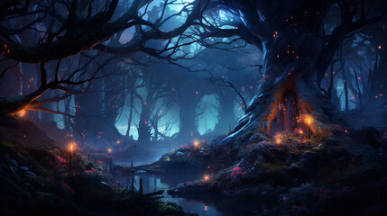 beautiful forest fantasy world with glowing insects trees