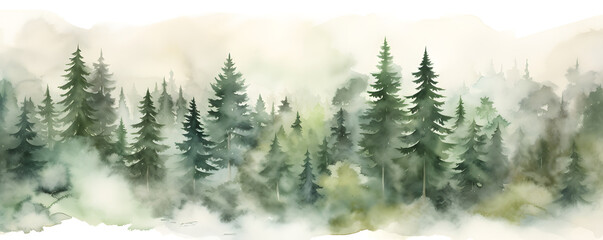 peaceful forest with tall trees watercolor illustration background panoramic wallpaper - obrazy, fototapety, plakaty