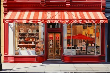 Vibrant shopfront featuring a red store with two doors, large windows, and awnings. Generative AI