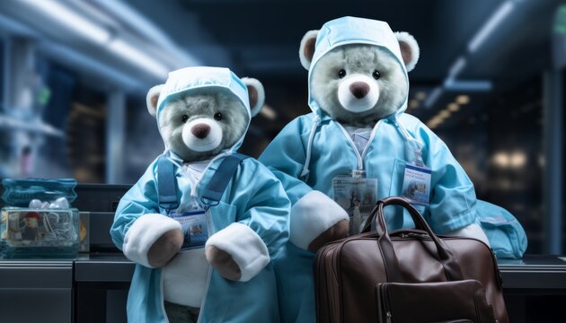 Teddy bears are toys in the style of doctors in the hospital. Children's toy doctor bear. Created with AI.