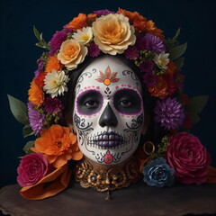 Traditional day of the dead dia de muertos skull. Dia de los Muertos. Day of The Dead. Woman with sugar skull makeup on a floral background