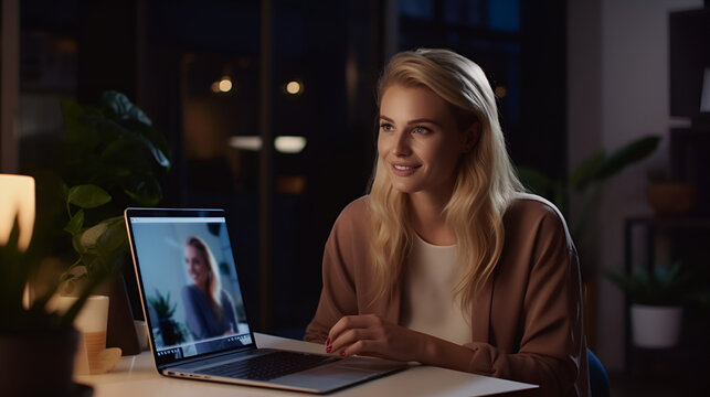 Beautiful businesswoman working on laptop while sitting at office. .Young beautiful woman is talking on a video call with friends.
