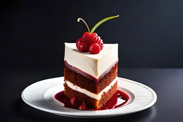 Triangular piece of red velvet cake with white vanilla cream filling