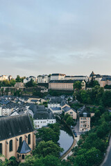 Fototapeta na wymiar old town in luxembourg top view on summer day with big roofs of houses and green forest around 