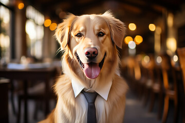 Quirky business dog dressed in a formal suit and tie, portraying a blend of professional endeavor and adorable charm. Perfect for evoking lighthearted vibes in work setting.