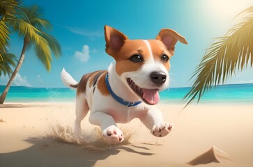 Jack Russell Terrier on the beach playing - obrazy, fototapety, plakaty