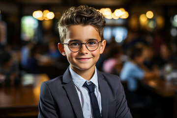 Charming image of a small business boy in glasses, suit and tie, exhibiting delightful adorability and professional attitude - emotionally engaging.