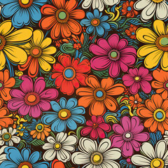 Fototapeta na wymiar Hippie flowers art repeat pattern 70s 60s