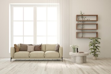 Fototapeta premium Bright interior design with modern furniture and summer landscape in window. 3D illustration