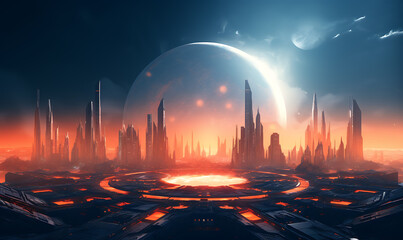 Illustration design concept of futuristic city background with moon and planet on the sky in middle...