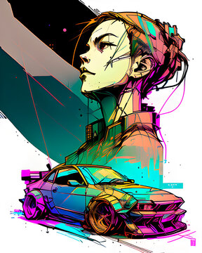 Futuristic illustration of a female cyborg with a car.
