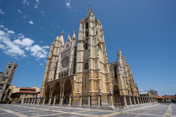 Leon, Spain - July 7, 2023: Cathedral of the city of Leon, Spain