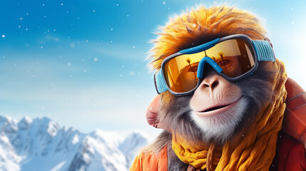 Cute monkey in ski goggles and a scarf on the background of snowy mountains with copy space