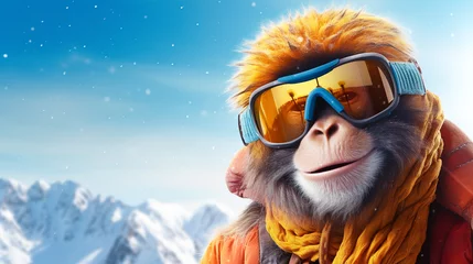 Deurstickers Cute monkey in ski goggles and a scarf on the background of snowy mountains with copy space © Daria17