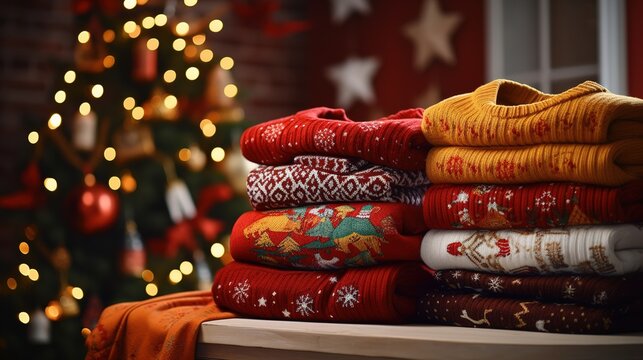 A stack of knitted sweaters of different colors on the background of a decorated apartment in christmas