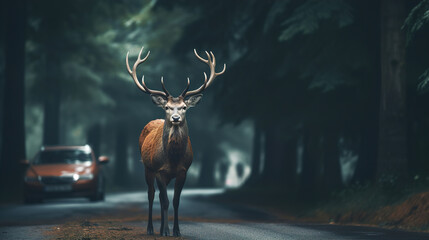 Deer crosses the road in front of a car
